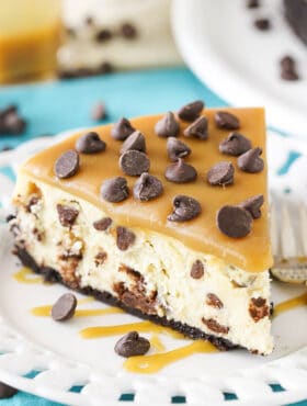 Caramel Chocolate Chip Cheesecake on plate