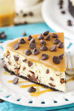 Caramel Chocolate Chip Cheesecake on plate