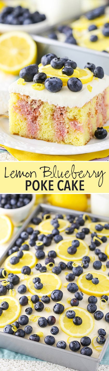 Lemon Blueberry Poke Cake - a light lemon yellow cake mix soaked with blueberry puree, lemon and sweetened condensed milk! Easy to make and so good!