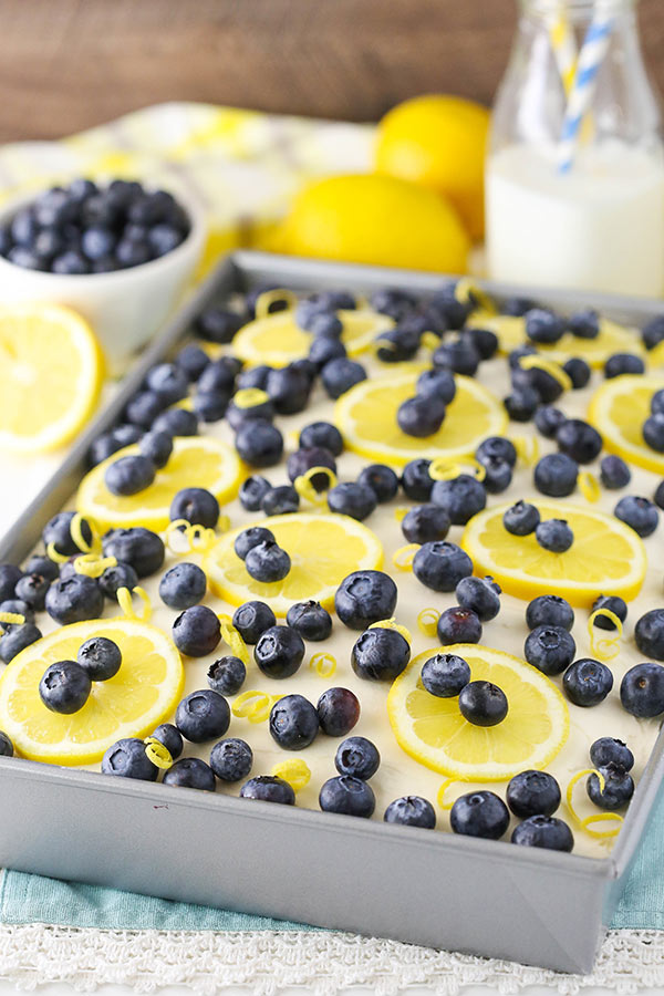 Lemon Blueberry Poke Cake in pan 