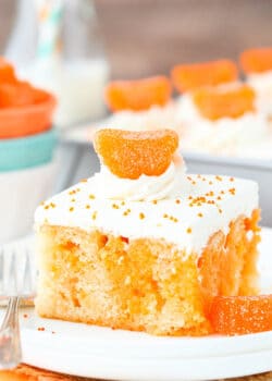 close up image of Orange Creamsicle Poke Cake