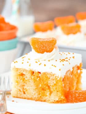 close up image of Orange Creamsicle Poke Cake