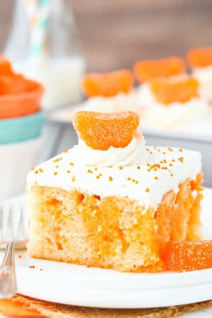 close up image of Orange Creamsicle Poke Cake