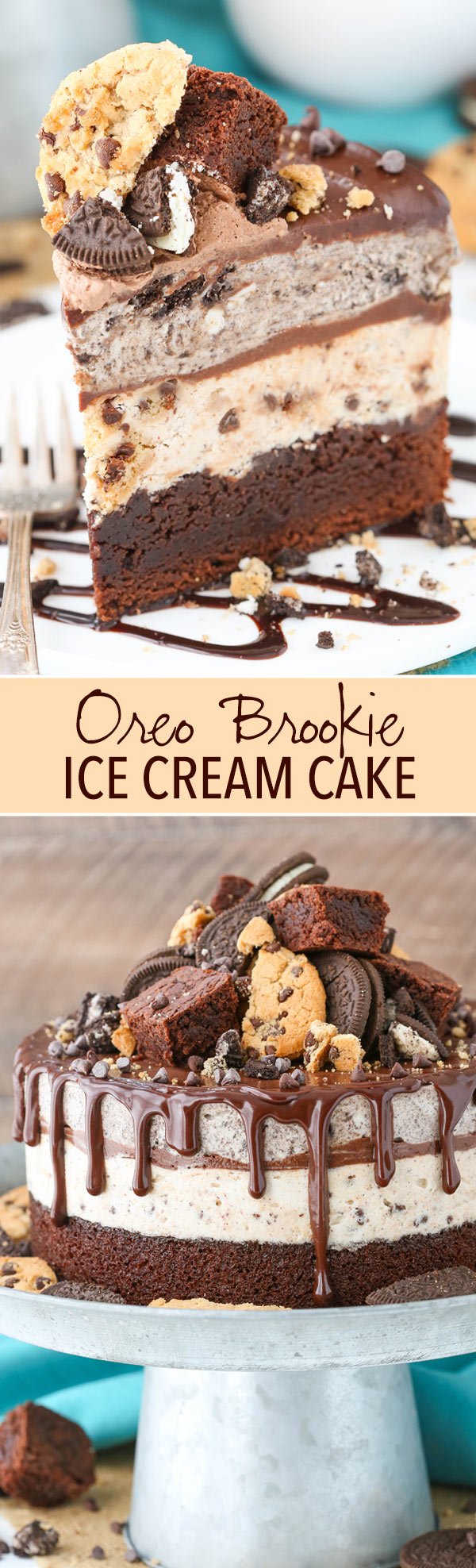 Oreo Brookie Ice Cream Cake - Layers of brownie, chocolate chip cookie and oreo ice cream, and chocolate ganache! So good and so fun! No churn too!