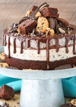 A whole Oreo Brookie Ice Cream Cake on cake stand.