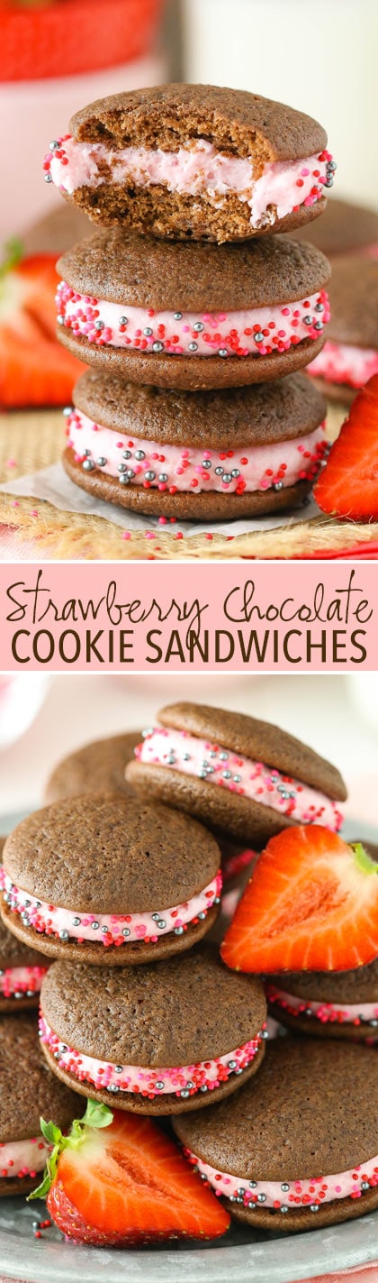 Strawberry Chocolate Cookie Sandwiches - soft chocolate cookies with strawberry frosting in the middle! Easy and so good!