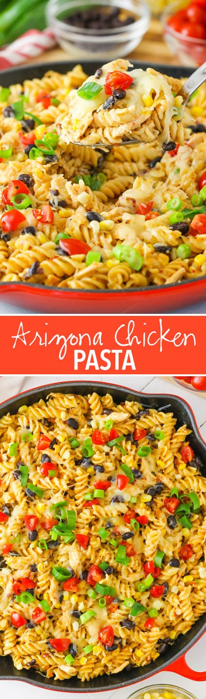 Arizona Chicken Pasta - pasta in chipotle sauce with chicken, black beans, corn and plenty of cheese!