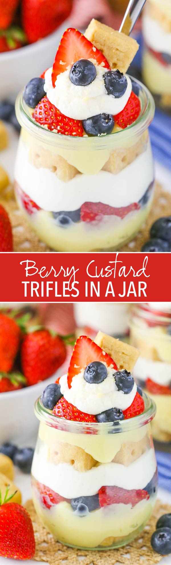 Berry Custard Trifles in a Jar - no bake with layers of Walkers shortbread, custard, whipped cream and fresh fruit!