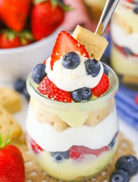 close up image of Berry Custard Trifles in a Jar