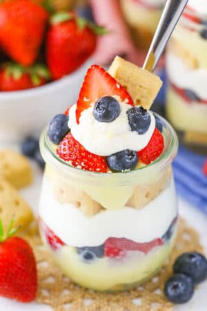 close up image of Berry Custard Trifles in a Jar