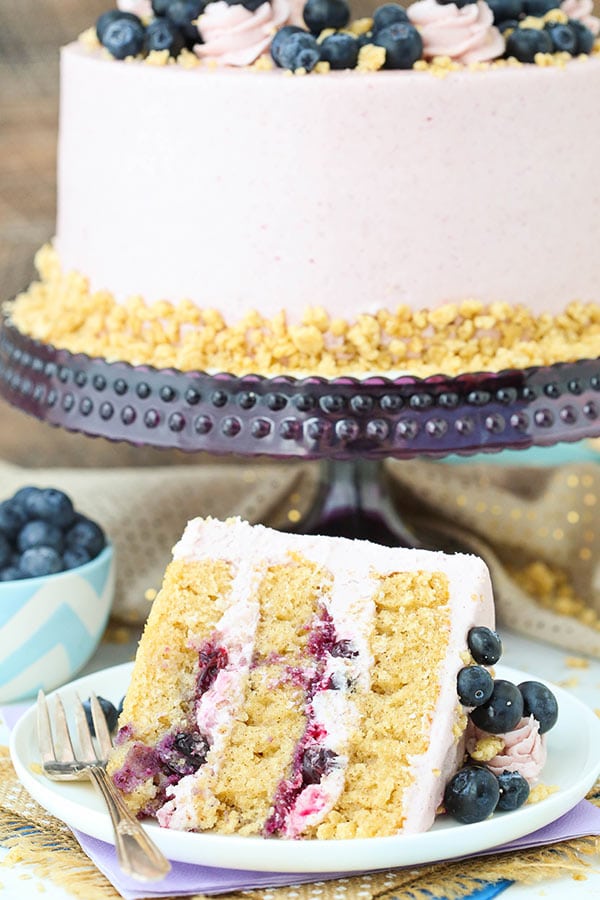 Blueberry Crumble Layer Cake with slice