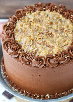 full overhead image of German Chocolate Layer Cake