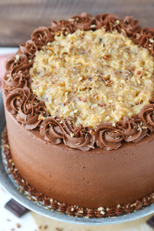 full overhead image of German Chocolate Layer Cake