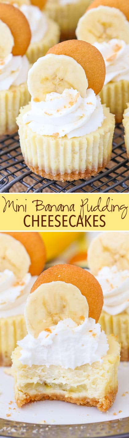Mini Banana Pudding Cheesecakes - vanilla wafer crust, banana filling and whipped cream!