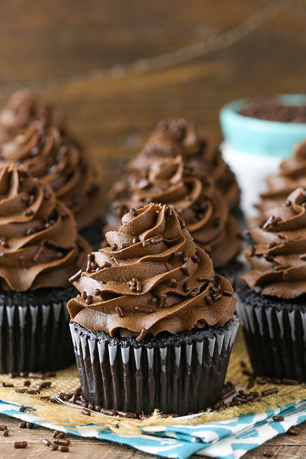 Chocolate Cupcakes with chocolate sprinkles on burlap