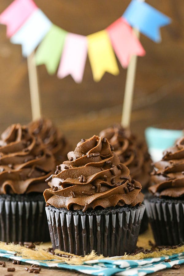 Favorite Chocolate Cupcakes with bundting in background