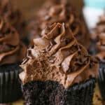 Moist Homemade Chocolate Cupcake with chocolate frosting with a bite taken out