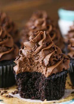 Moist Homemade Chocolate Cupcake with chocolate frosting with a bite taken out