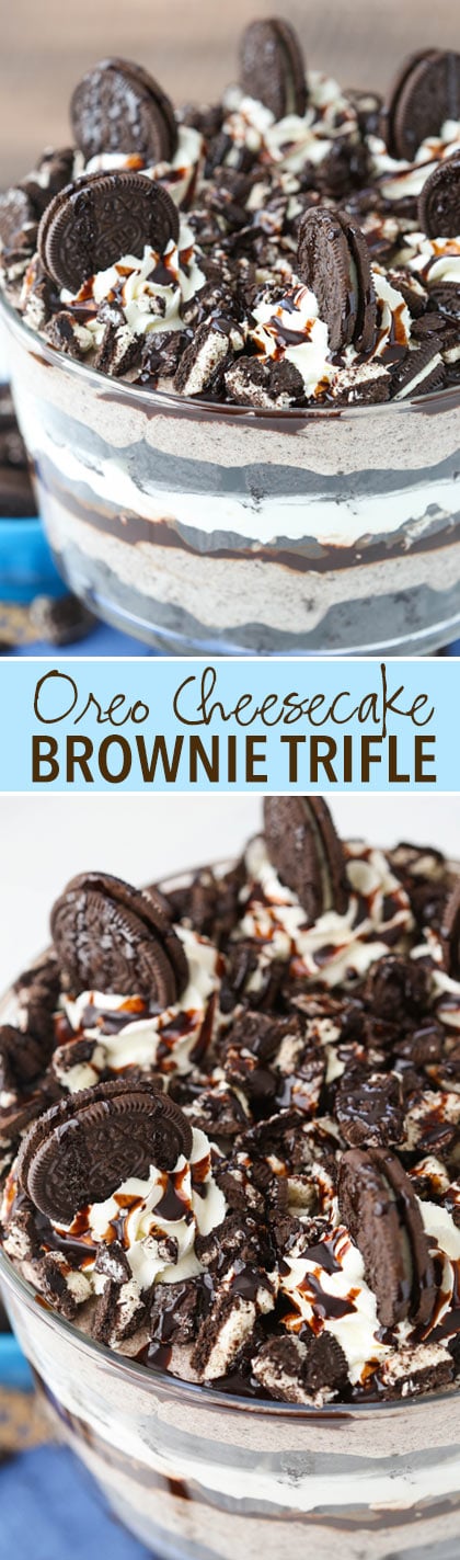 Oreo Cheesecake Brownie Trifle - layers of chewy brownie, oreo cheesecake, whipped cream, chocolate sauce and more Oreos! So good!