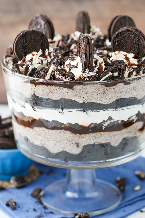 Cheesecake Brownie Trifle decorated with Oreos