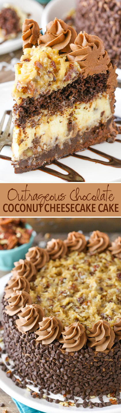 Outrageous Chocolate Coconut Cheesecake Cake - layers of chocolate cake, brownie, coconut chocolate chip cheesecake and coconut pecan filling! 