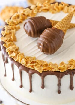 Overhead image of Peanut Butter Chocolate Ice Cream Cone Cake on a cake stand.