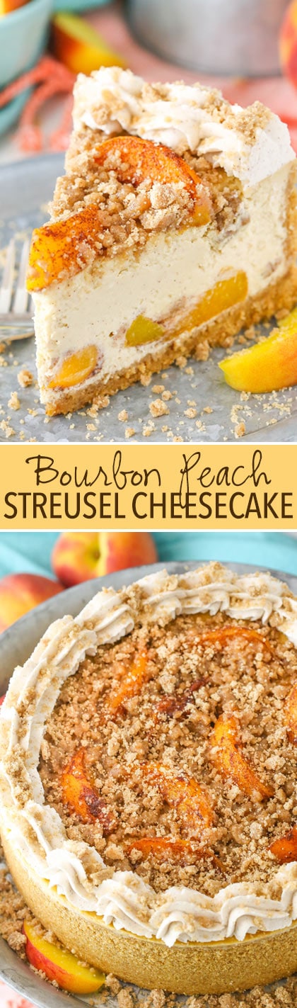 Bourbon Peach Streusel Cheesecake - peaches, cinnamon, brown sugar and bourbon in one amazing cheesecake!