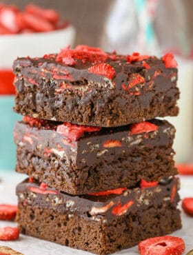 stack of Fudgy Strawberry Chocolate Brownies