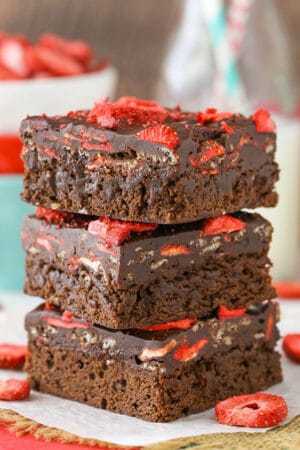 stack of Fudgy Strawberry Chocolate Brownies