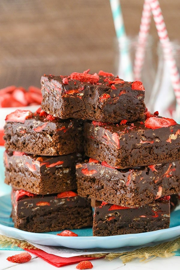 7 Fudgy Strawberry Chocolate Brownies on a blue plate