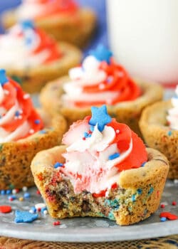 close up image of Patriotic Chocolate Chip Cookie Cups with bite taken out