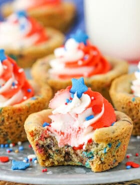 close up image of Patriotic Chocolate Chip Cookie Cups with bite taken out