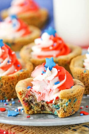 close up image of Patriotic Chocolate Chip Cookie Cups with bite taken out