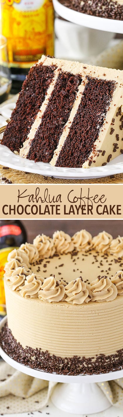 Kahlua Coffee Chocolate Layer Cake - moist, soft chocolate cake with Kahlua coffee frosting! So good!