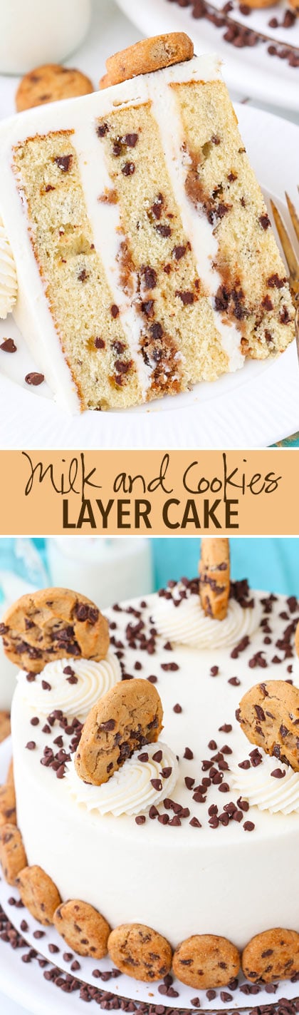 Milk and Cookies Layer Cake - layers of brown sugar vanilla cake with mini chocolate chips, vanilla frosting and crumbled chocolate chip cookies between the layers!