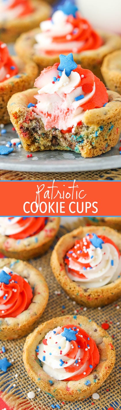 Patriotic July 4th Chocolate Chip Cookie Cups - soft and chewy and the perfect dessert for the 4th of July holiday!