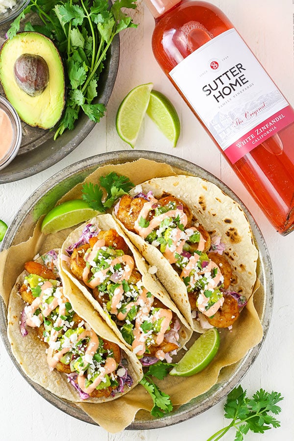 Spicy Sriracha Shrimp Tacos with White Zinfandel wine