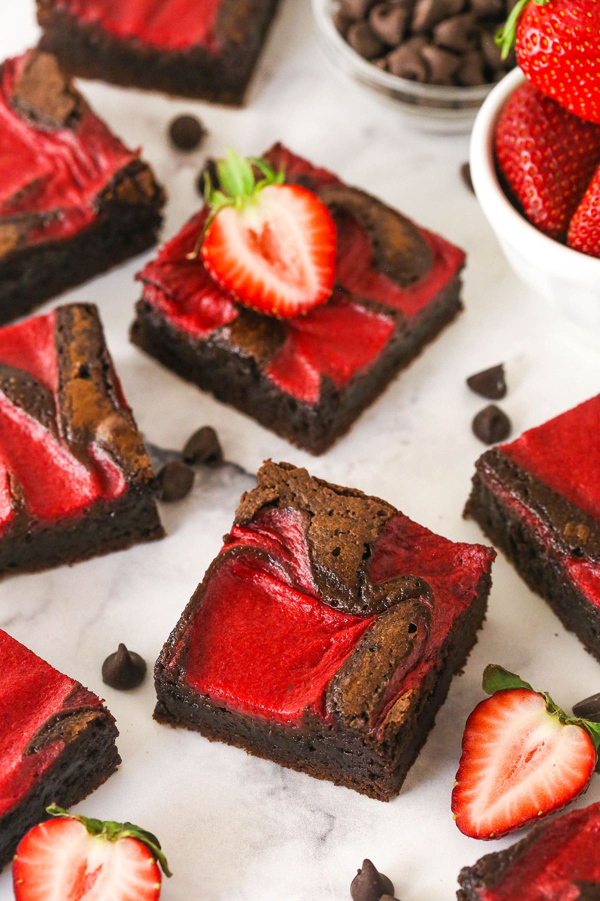 Overhead view of strawberry brownies on the countertop