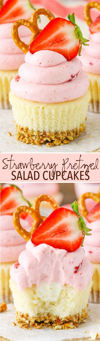 Strawberry Pretzel Salad Cupcakes - modeled after the classic dessert with a pretzel crust, cream filling and strawberry JELLO frosting!