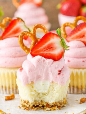 inside image of Strawberry Pretzel Salad Cupcakes