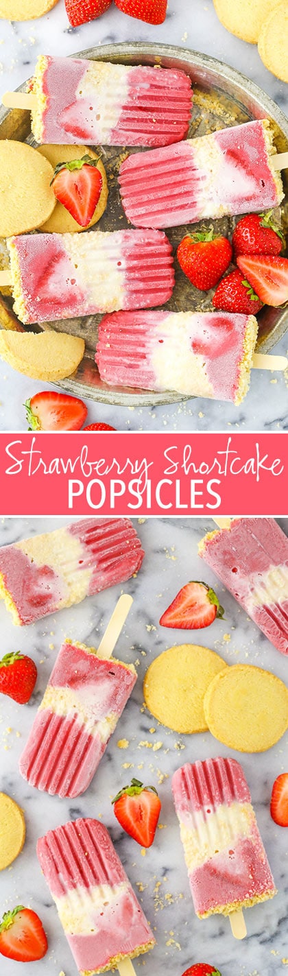 Strawberry Shortcake Popsicles - layers of delicious strawberry and milky vanilla filled with shortbread, its truly like eating strawberry shortcake in popsicle form
