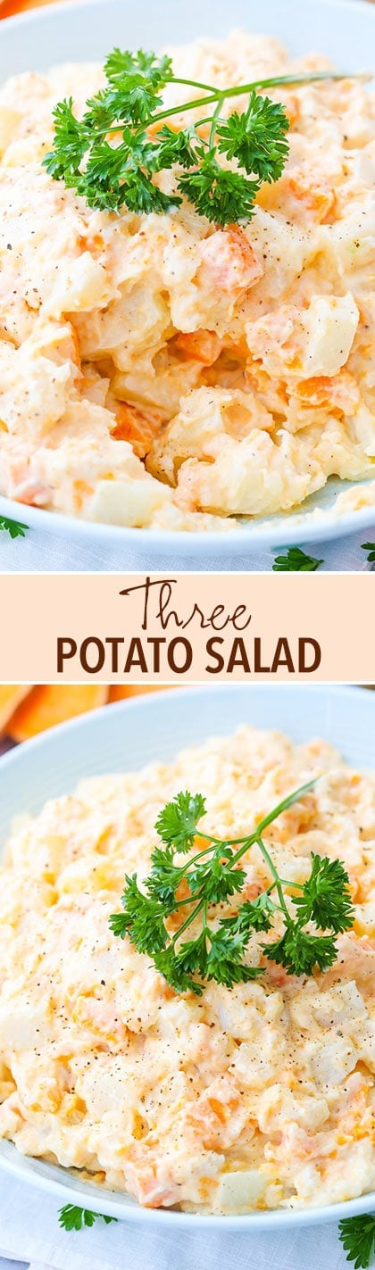 Three Potato Salad - made with sweet, russet and red potatoes! So easy and delicious!