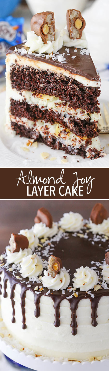 Almond Joy Layer Cake - layers of moist chocolate cake, flakey coconut filling and almonds, coconut frosting and chocolate ganache!