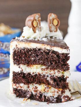 upright image of Almond Joy Layer Cake on plate