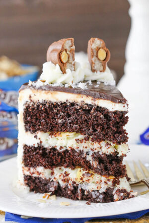 upright image of Almond Joy Layer Cake on plate
