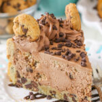 slice of Chocolate Chip Cookie Crust Cheesecake on plate