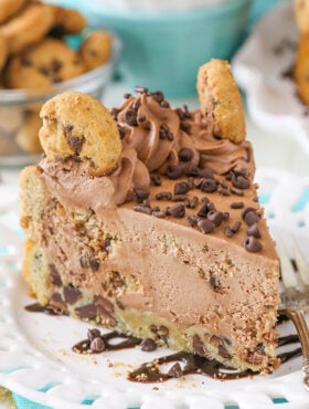 slice of Chocolate Chip Cookie Crust Cheesecake on plate