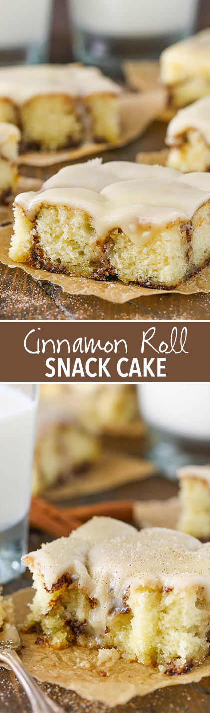 Cinnamon Roll Snack Cake - with a cinnamon sugar swirl and tasty icing! Great for breakfast or dessert!