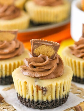 close up image of Mini Reeses Peanut Butter Cheesecakes