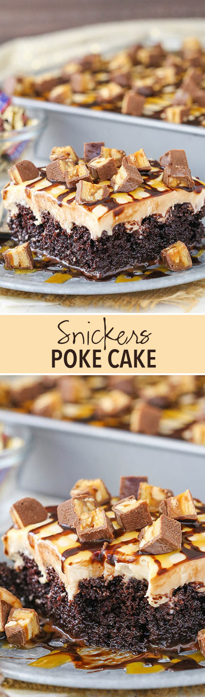 Snickers Poke Cake - chocolate cake soaked with caramel sauce and topped with peanut butter whipped cream!